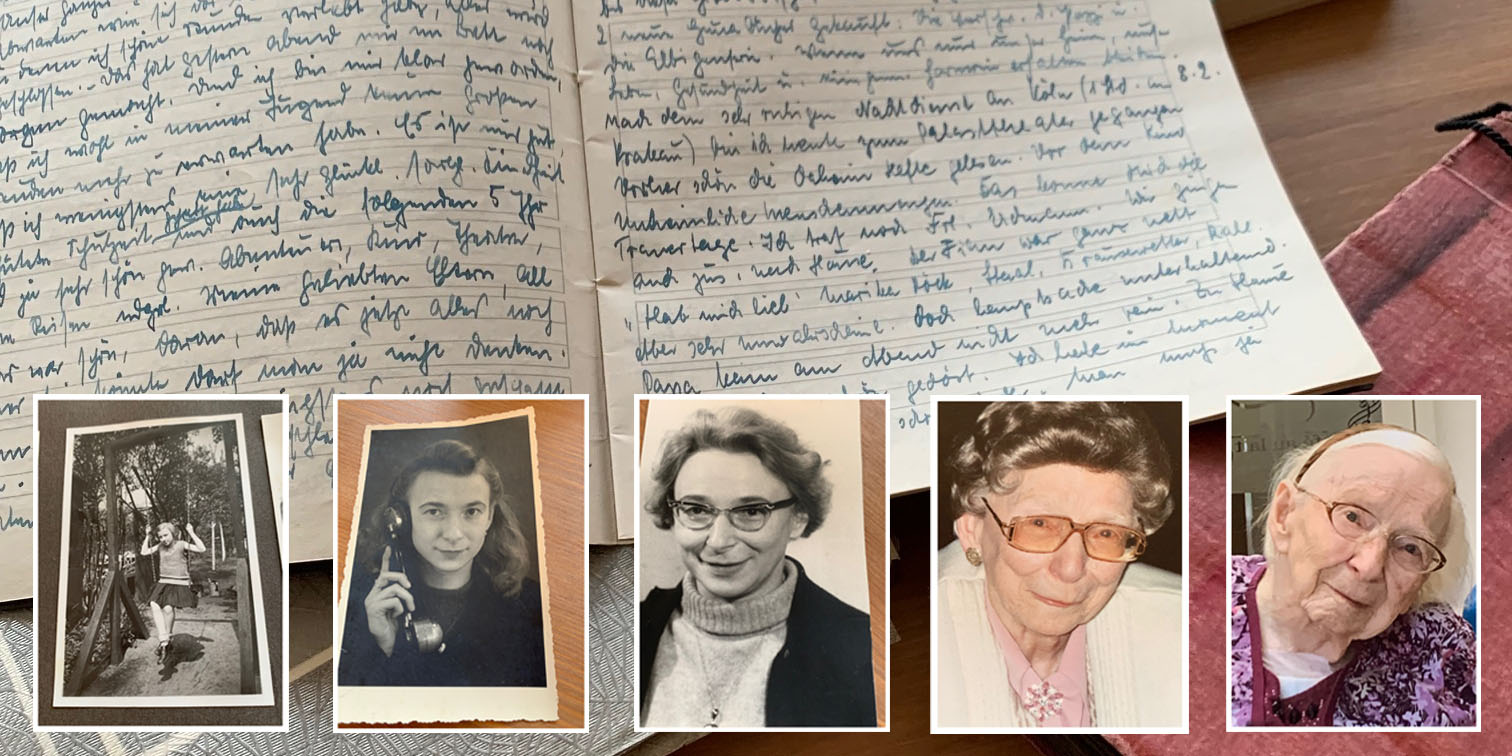 Ein aufgeschlagenes Tagebuch und fünf Porträtfotos von Ilse Dattan in zunehmendem Alter