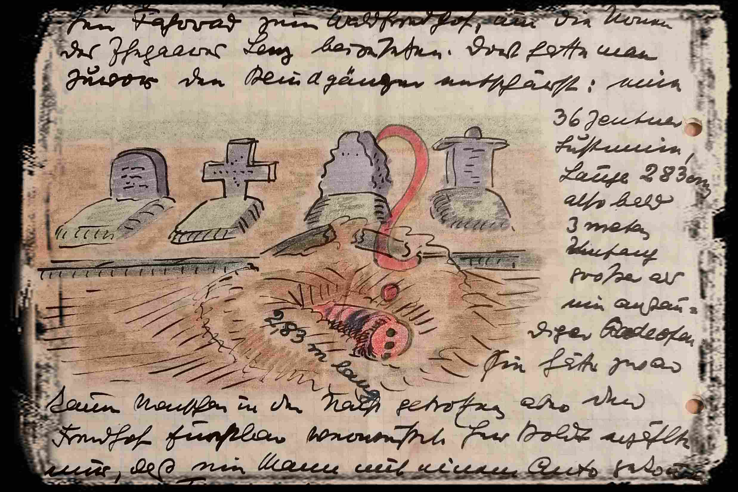 Ausschnitt aus einem Brief. Eine Zeichnung mit mehreren Gräbern, davor ein Bomben-Blindgänger. Um die Zeichnung herum eine schwer lesbare Handschrift.